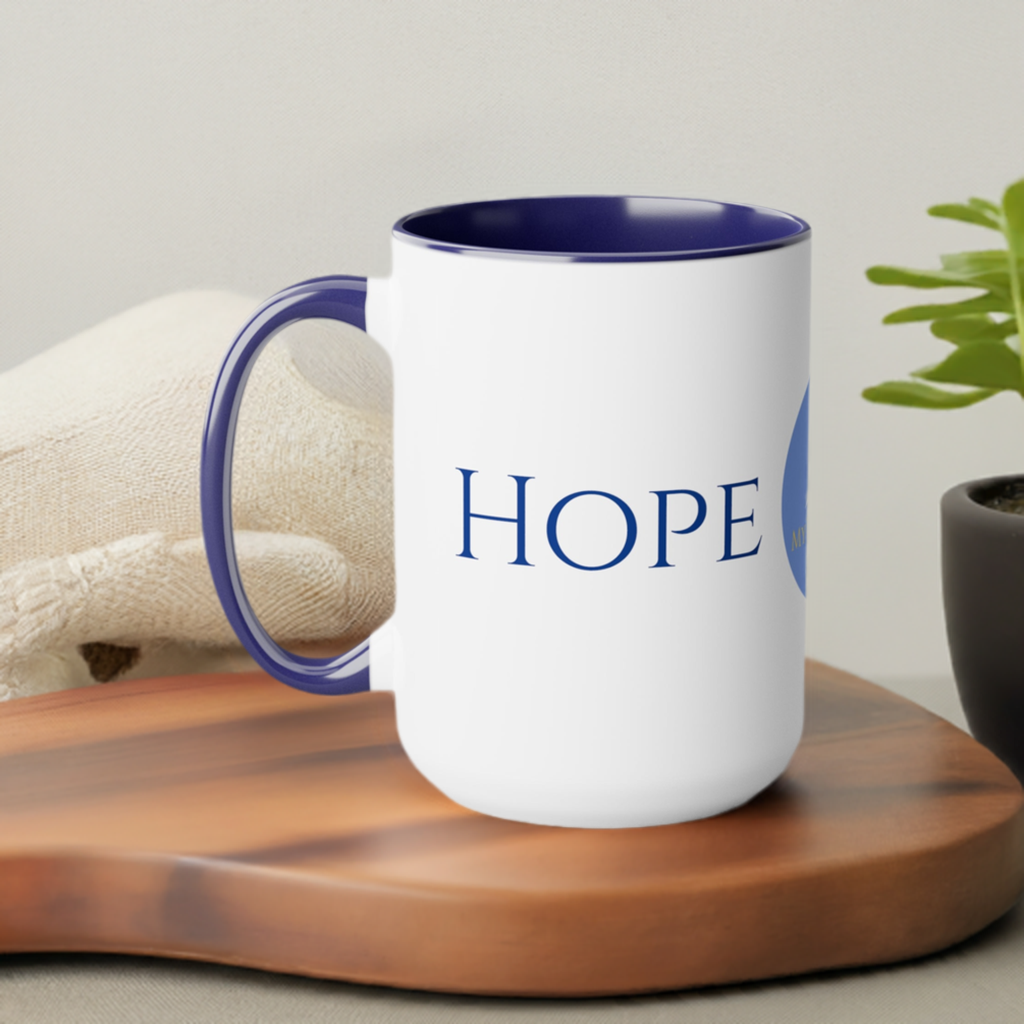 Hope Coffee/Tea Mug/Ceramic/Glossy White with Blue Interior and Handle/Features the My True Vine Logo/Microwavable and Dishwashable/15 ounce