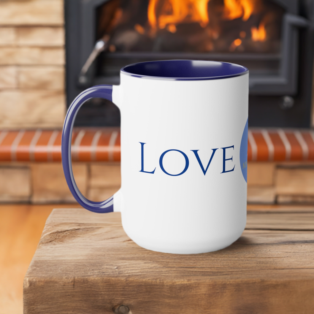 Love Coffee/Tea Mug/Ceramic/Glossy White with Blue Interior and Handle/Features the My True Vine Logo/Microwavable and Dishwashable/15 ounce