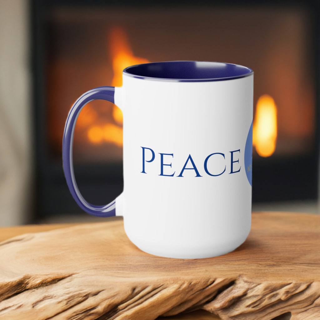 Peace Coffee/Tea Mug/Ceramic/Glossy White with Blue Interior and Handle/Features the My True Vine Logo/Microwavable and Dishwashable/15 ounce