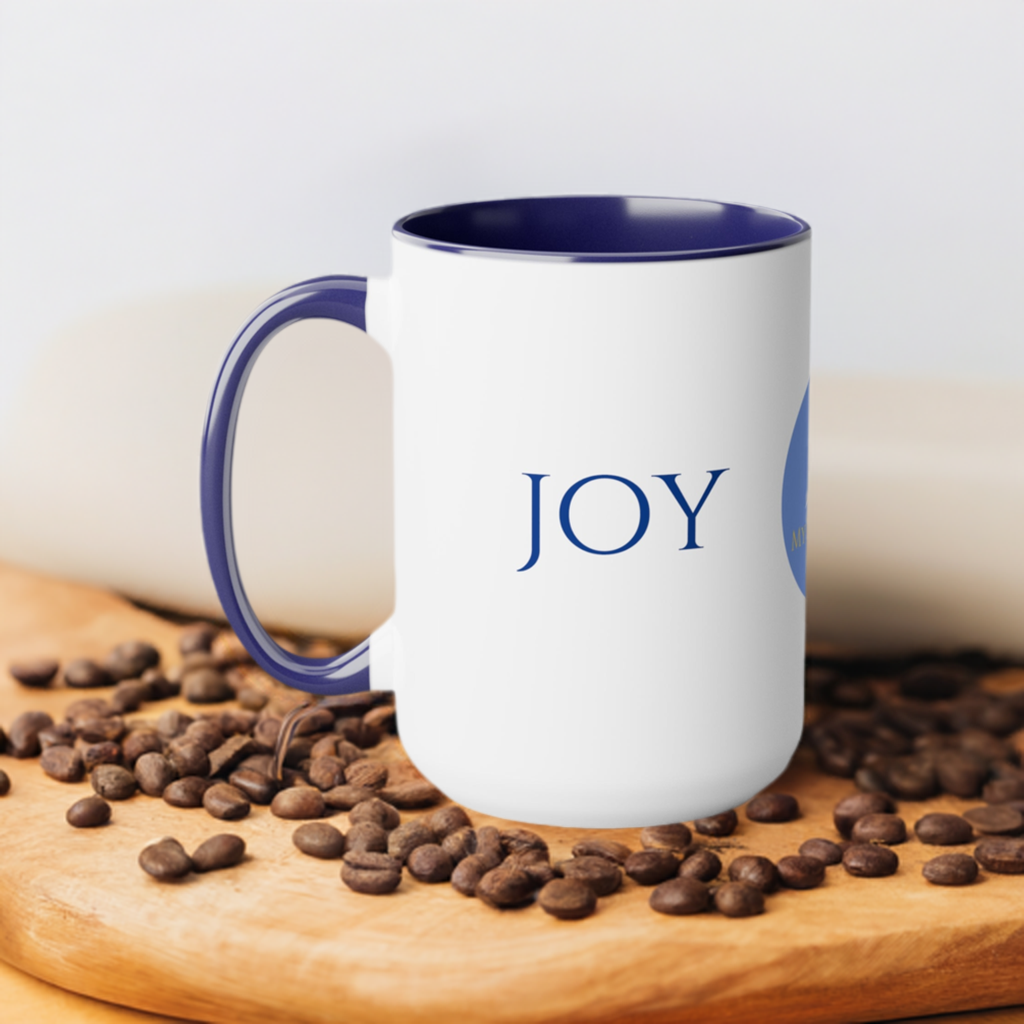 Joy Coffee/Tea Mug/Ceramic/Glossy White with Blue Interior and Handle/Features the My True Vine Logo/Microwavable and Dishwashable/15 ounce