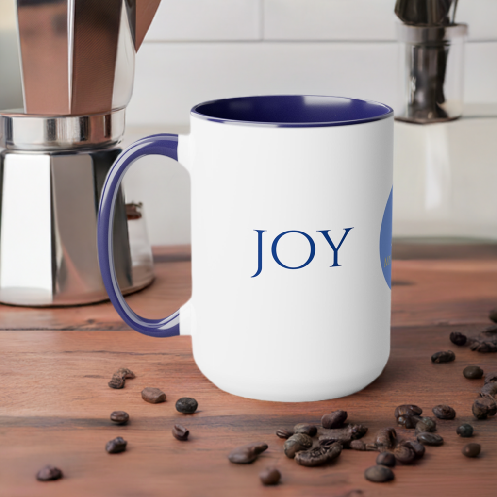 Joy Coffee/Tea Mug/Ceramic/Glossy White with Blue Interior and Handle/Features the My True Vine Logo/Microwavable and Dishwashable/15 ounce