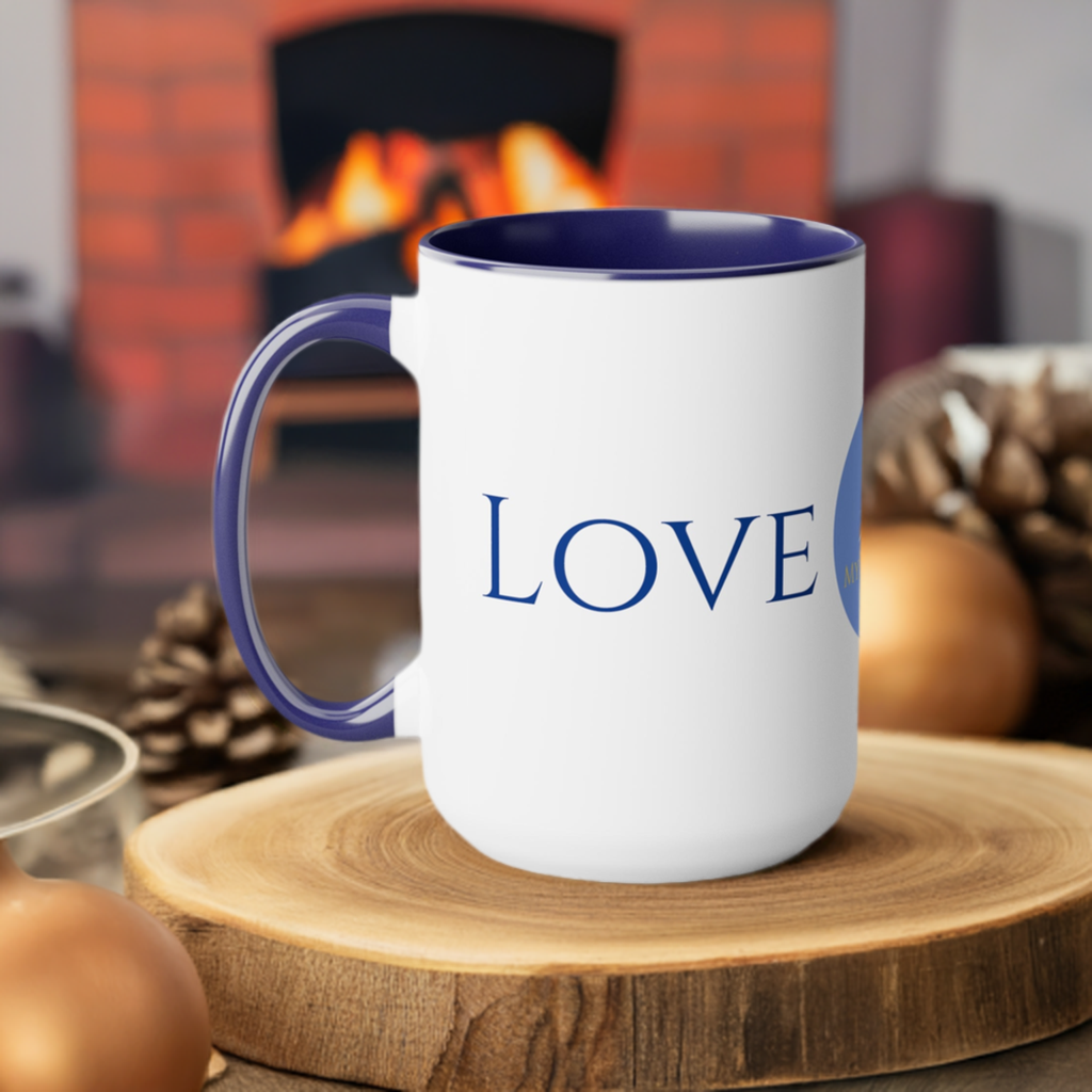 Love Coffee/Tea Mug/Ceramic/Glossy White with Blue Interior and Handle/Features the My True Vine Logo/Microwavable and Dishwashable/15 ounce