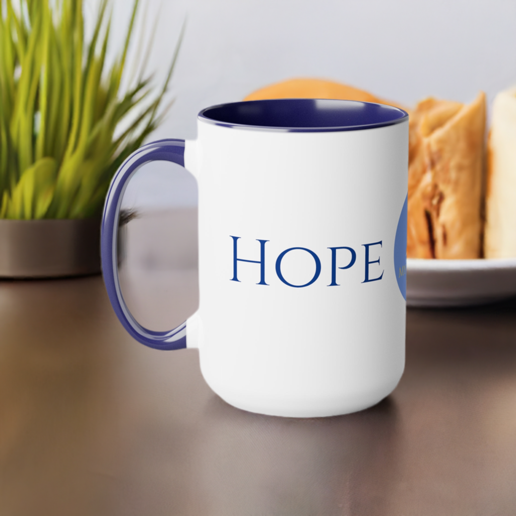 Hope Coffee/Tea Mug/Ceramic/Glossy White with Blue Interior and Handle/Features the My True Vine Logo/Microwavable and Dishwashable/15 ounce