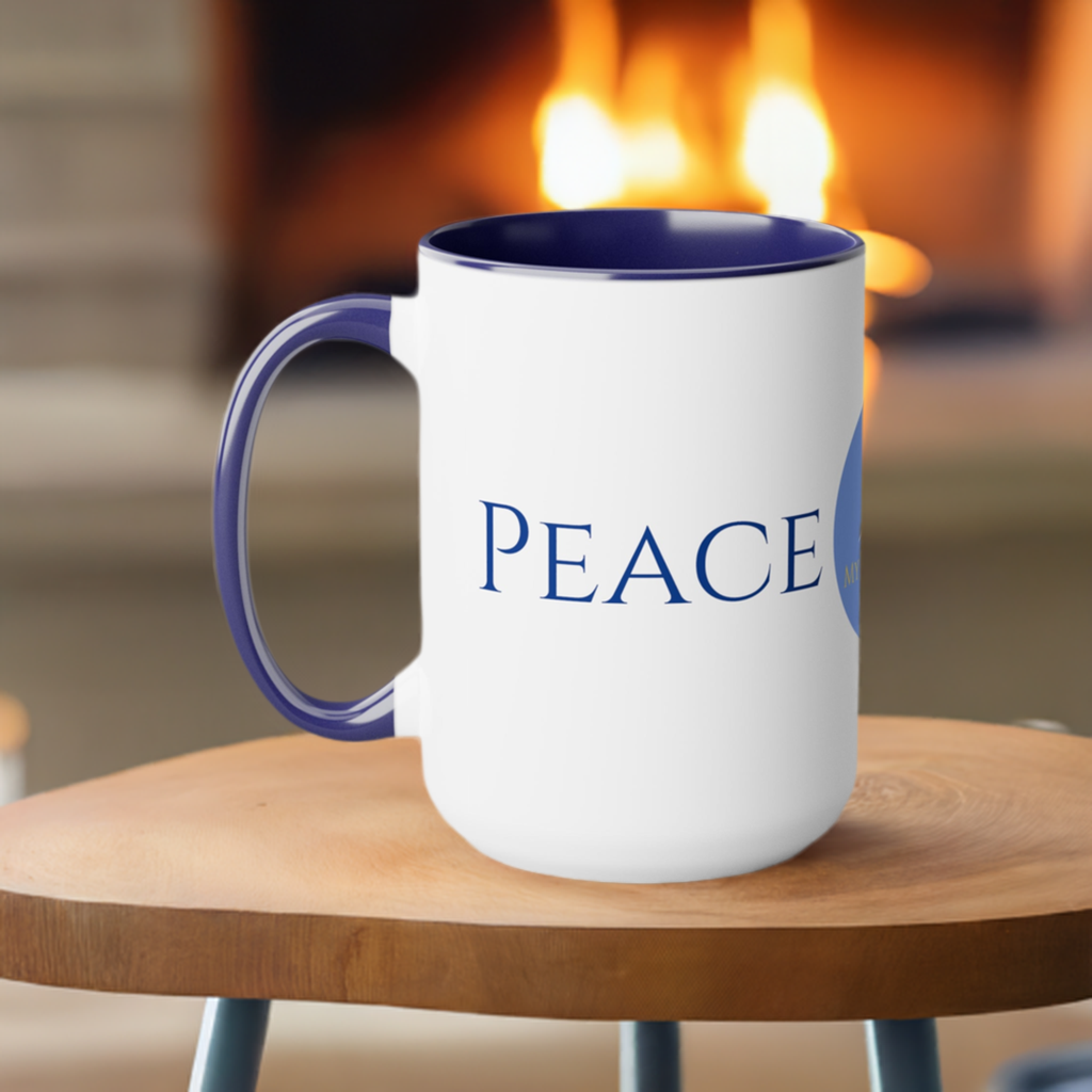 Peace Coffee/Tea Mug/Ceramic/Glossy White with Blue Interior and Handle/Features the My True Vine Logo/Microwavable and Dishwashable/15 ounce