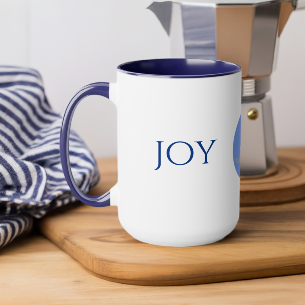 Joy Coffee/Tea Mug/Ceramic/Glossy White with Blue Interior and Handle/Features the My True Vine Logo/Microwavable and Dishwashable/15 ounce