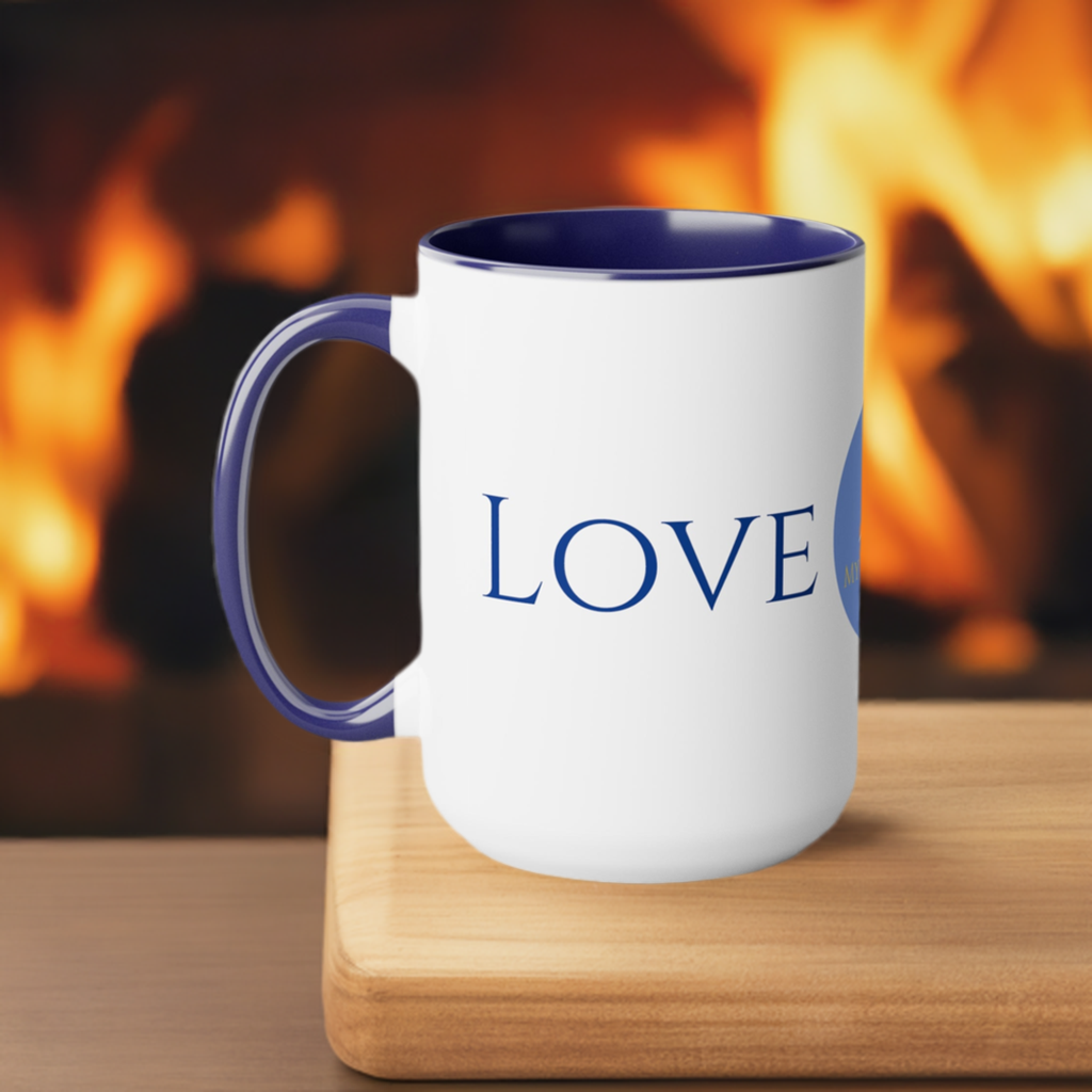 Love Coffee/Tea Mug/Ceramic/Glossy White with Blue Interior and Handle/Features the My True Vine Logo/Microwavable and Dishwashable/15 ounce