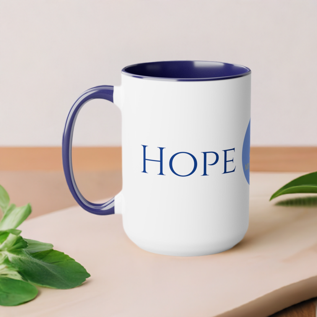 Hope Coffee/Tea Mug/Ceramic/Glossy White with Blue Interior and Handle/Features the My True Vine Logo/Microwavable and Dishwashable/15 ounce