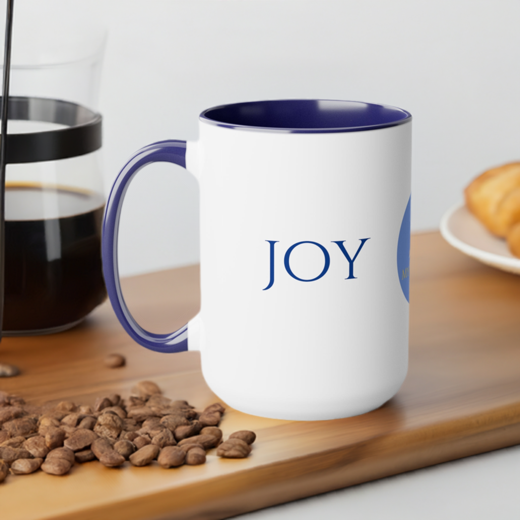 Joy Coffee/Tea Mug/Ceramic/Glossy White with Blue Interior and Handle/Features the My True Vine Logo/Microwavable and Dishwashable/15 ounce