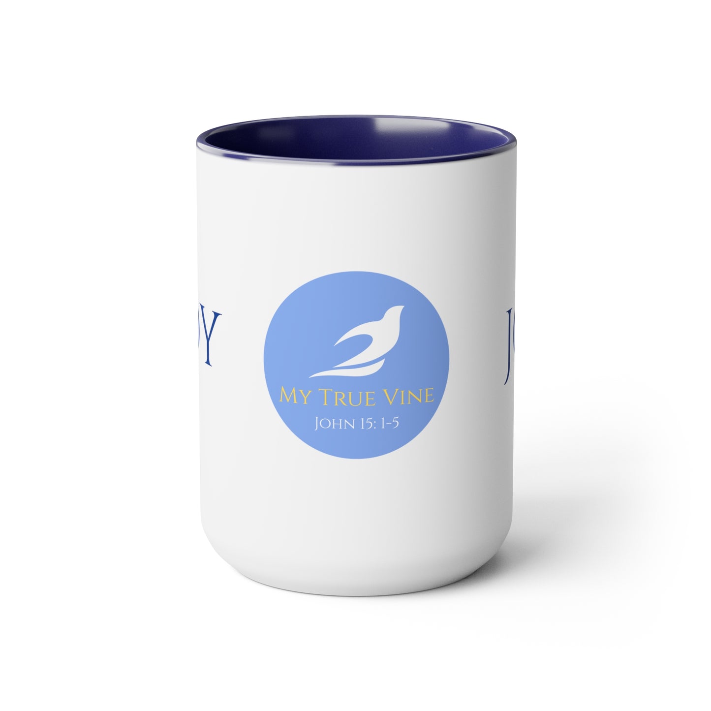 Joy Coffee/Tea Mug/Ceramic/Glossy White with Blue Interior and Handle/Features the My True Vine Logo/Microwavable and Dishwashable/15 ounce