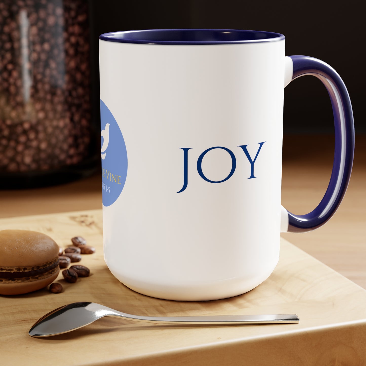 Joy Coffee/Tea Mug/Ceramic/Glossy White with Blue Interior and Handle/Features the My True Vine Logo/Microwavable and Dishwashable/15 ounce