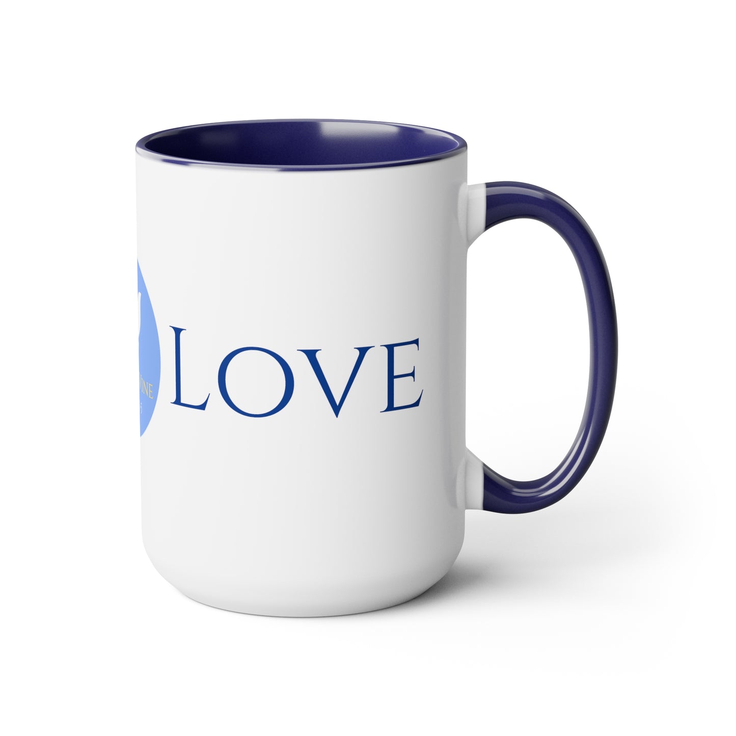 Love Coffee/Tea Mug/Ceramic/Glossy White with Blue Interior and Handle/Features the My True Vine Logo/Microwavable and Dishwashable/15 ounce