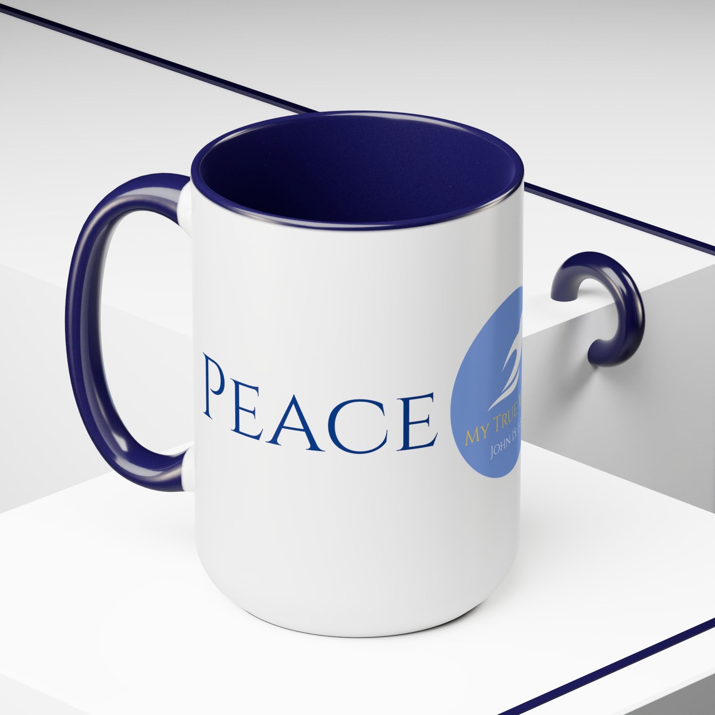 Peace Coffee/Tea Mug/Ceramic/Glossy White with Blue Interior and Handle/Features the My True Vine Logo/Microwavable and Dishwashable/15 ounce