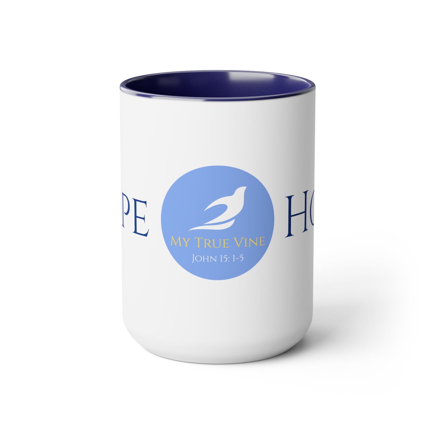 Hope Coffee/Tea Mug/Ceramic/Glossy White with Blue Interior and Handle/Features the My True Vine Logo/Microwavable and Dishwashable/15 ounce