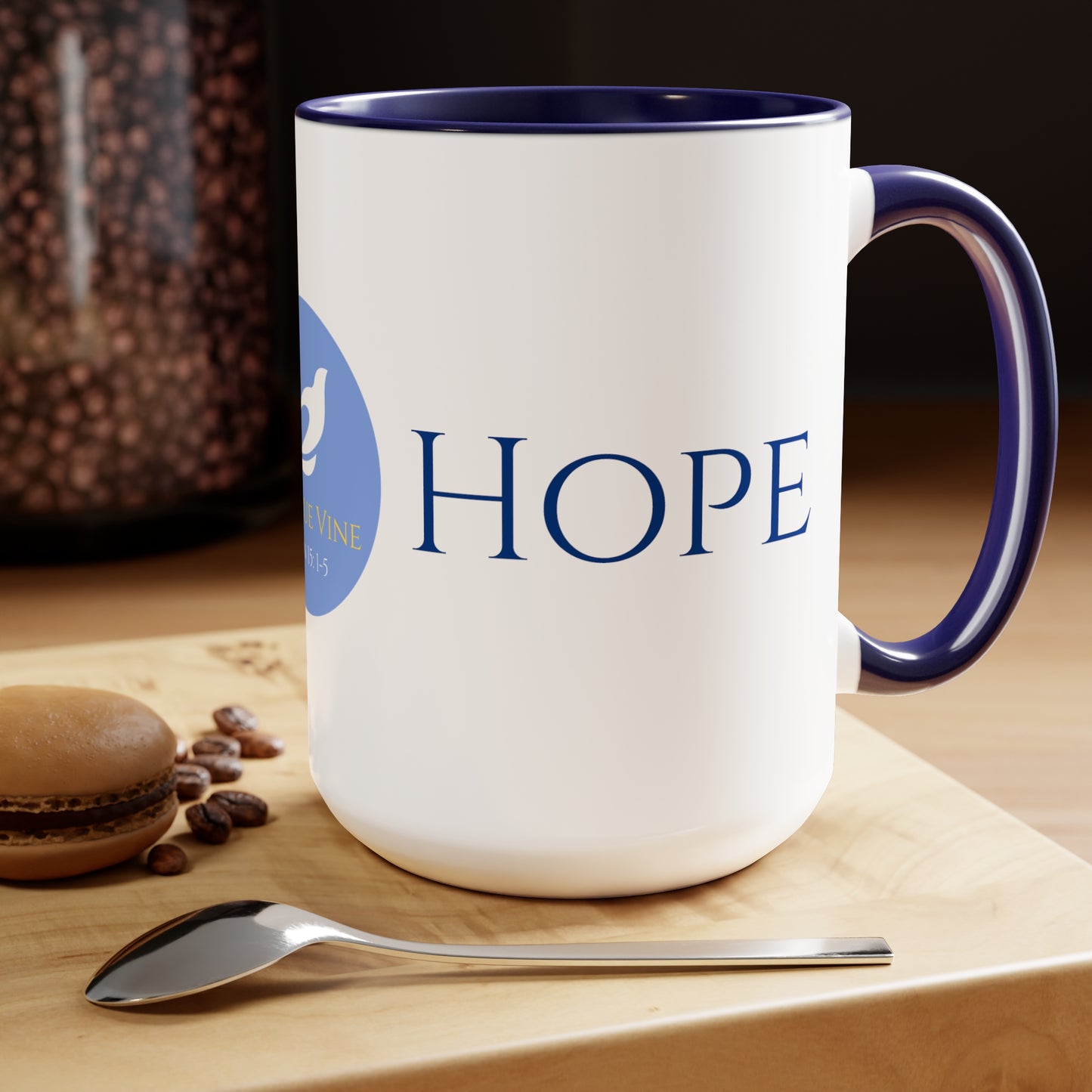 Hope Coffee/Tea Mug/Ceramic/Glossy White with Blue Interior and Handle/Features the My True Vine Logo/Microwavable and Dishwashable/15 ounce