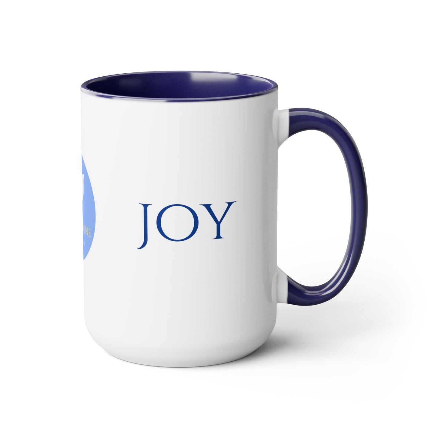 Joy Coffee/Tea Mug/Ceramic/Glossy White with Blue Interior and Handle/Features the My True Vine Logo/Microwavable and Dishwashable/15 ounce