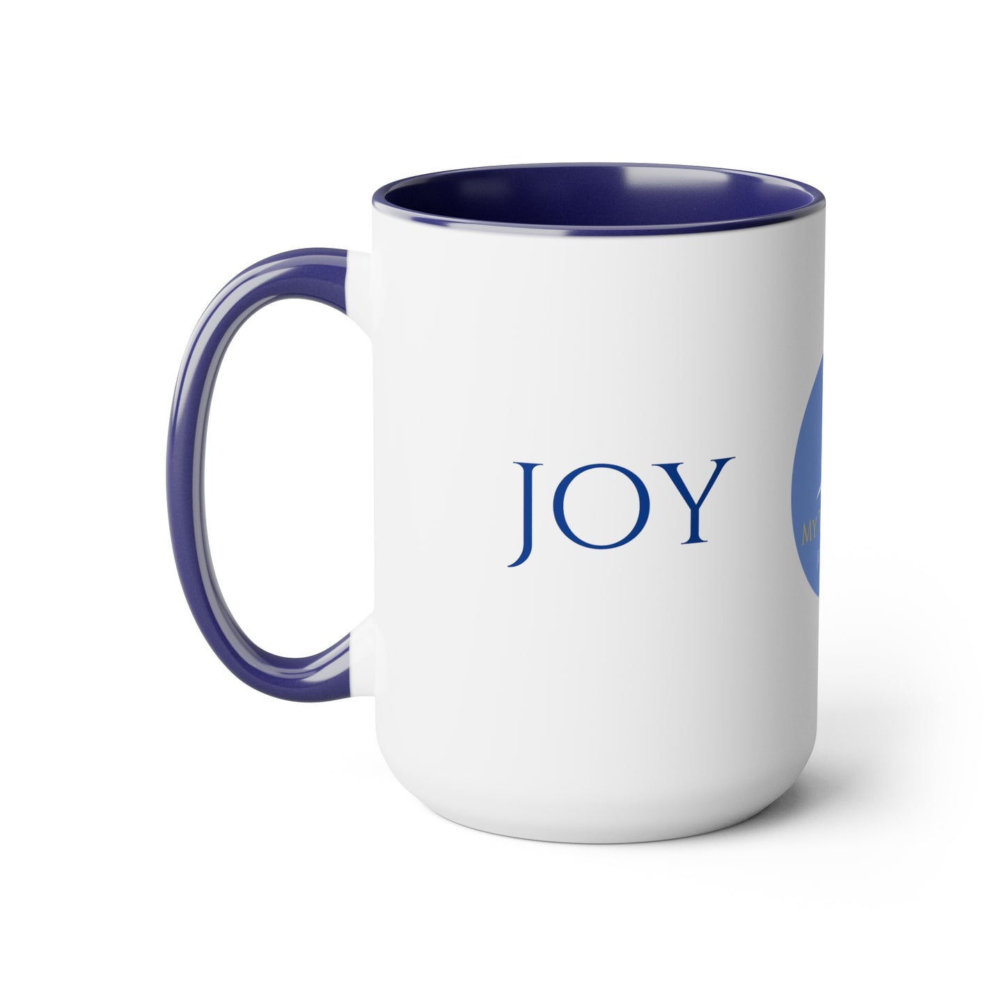 Joy Coffee/Tea Mug/Ceramic/Glossy White with Blue Interior and Handle/Features the My True Vine Logo/Microwavable and Dishwashable/15 ounce