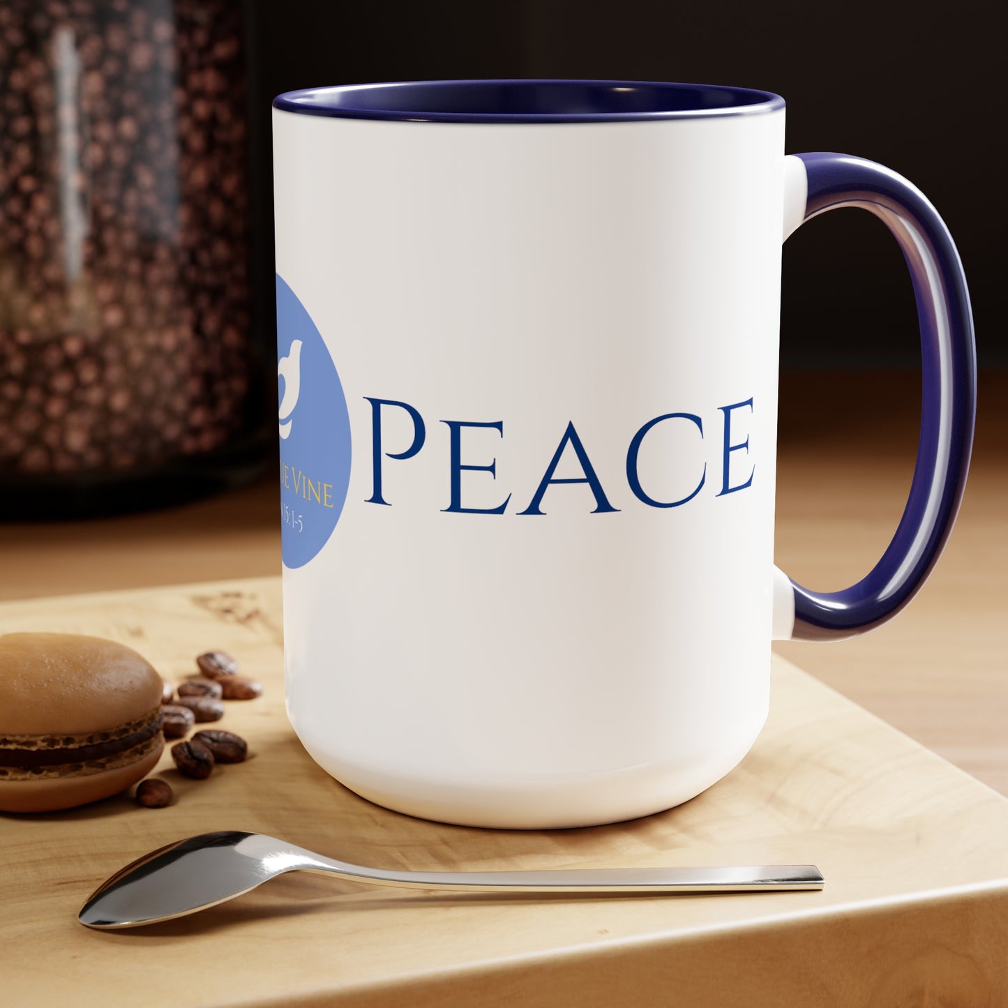 Peace Coffee/Tea Mug/Ceramic/Glossy White with Blue Interior and Handle/Features the My True Vine Logo/Microwavable and Dishwashable/15 ounce