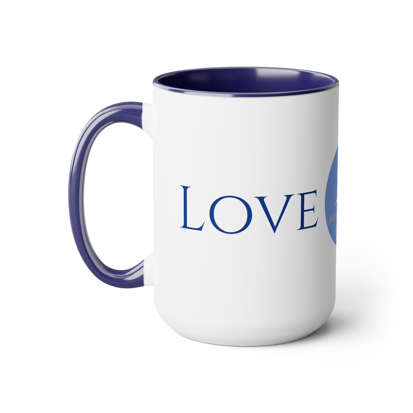 Love Coffee/Tea Mug/Ceramic/Glossy White with Blue Interior and Handle/Features the My True Vine Logo/Microwavable and Dishwashable/15 ounce