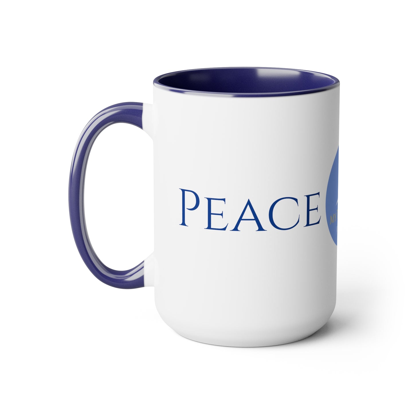 Peace Coffee/Tea Mug/Ceramic/Glossy White with Blue Interior and Handle/Features the My True Vine Logo/Microwavable and Dishwashable/15 ounce